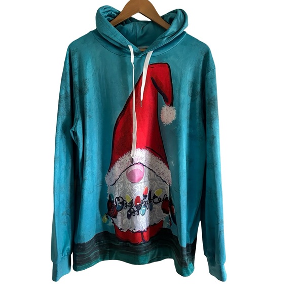 Christmas Elf Gnome Blue Hoodie Soft Comfy Sweatshirt Size Large - Picture 4 of 8